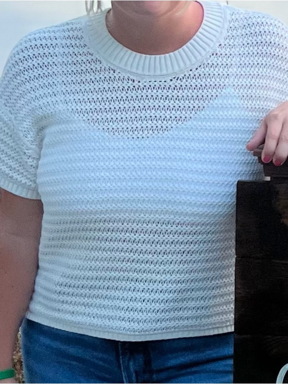 Abercrombie white/cream Short-Sleeve Crochet Tee - M